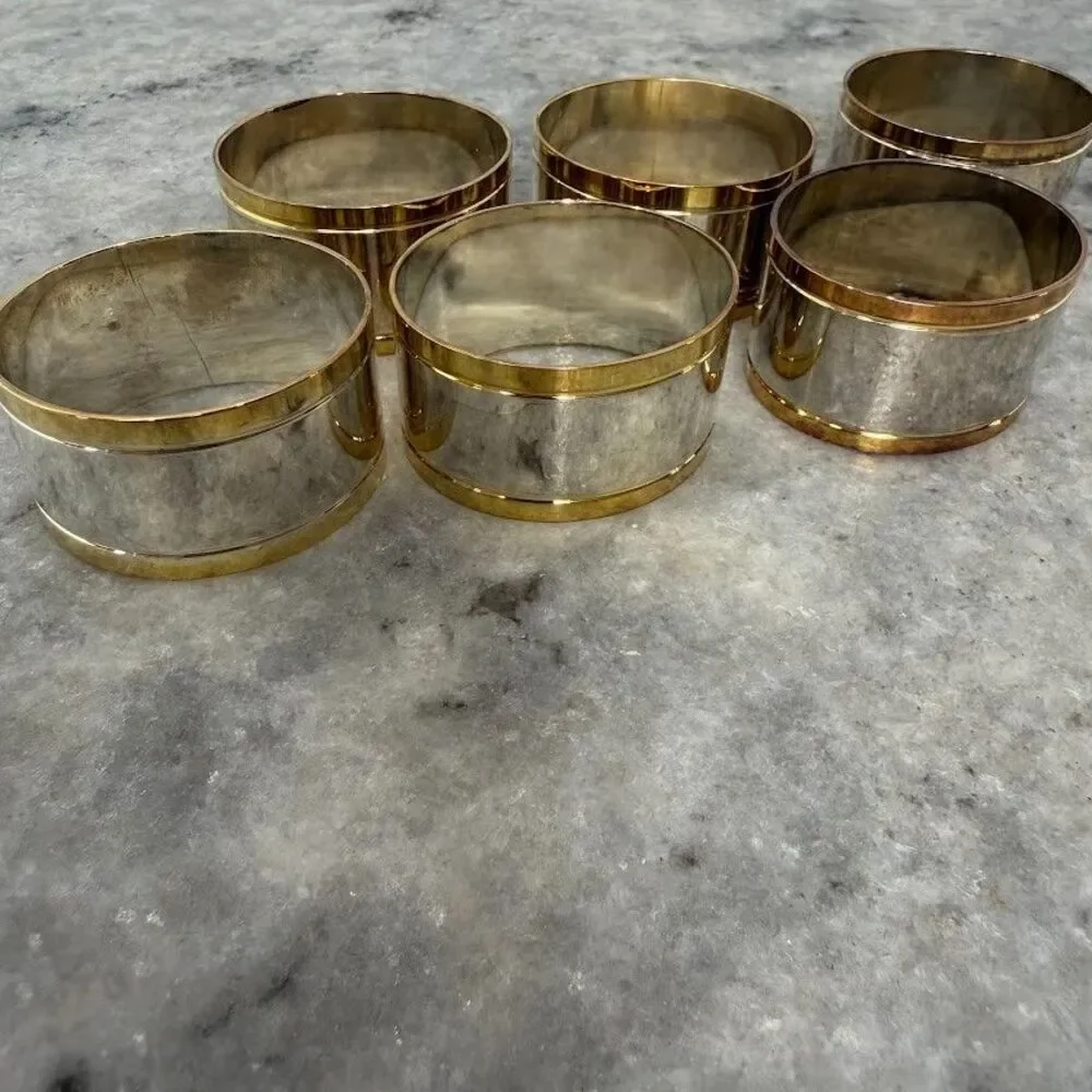 Set of 6 Vintage Brass & Silver Plated Metal Napkin Rings, MCM,Hollywood Regency